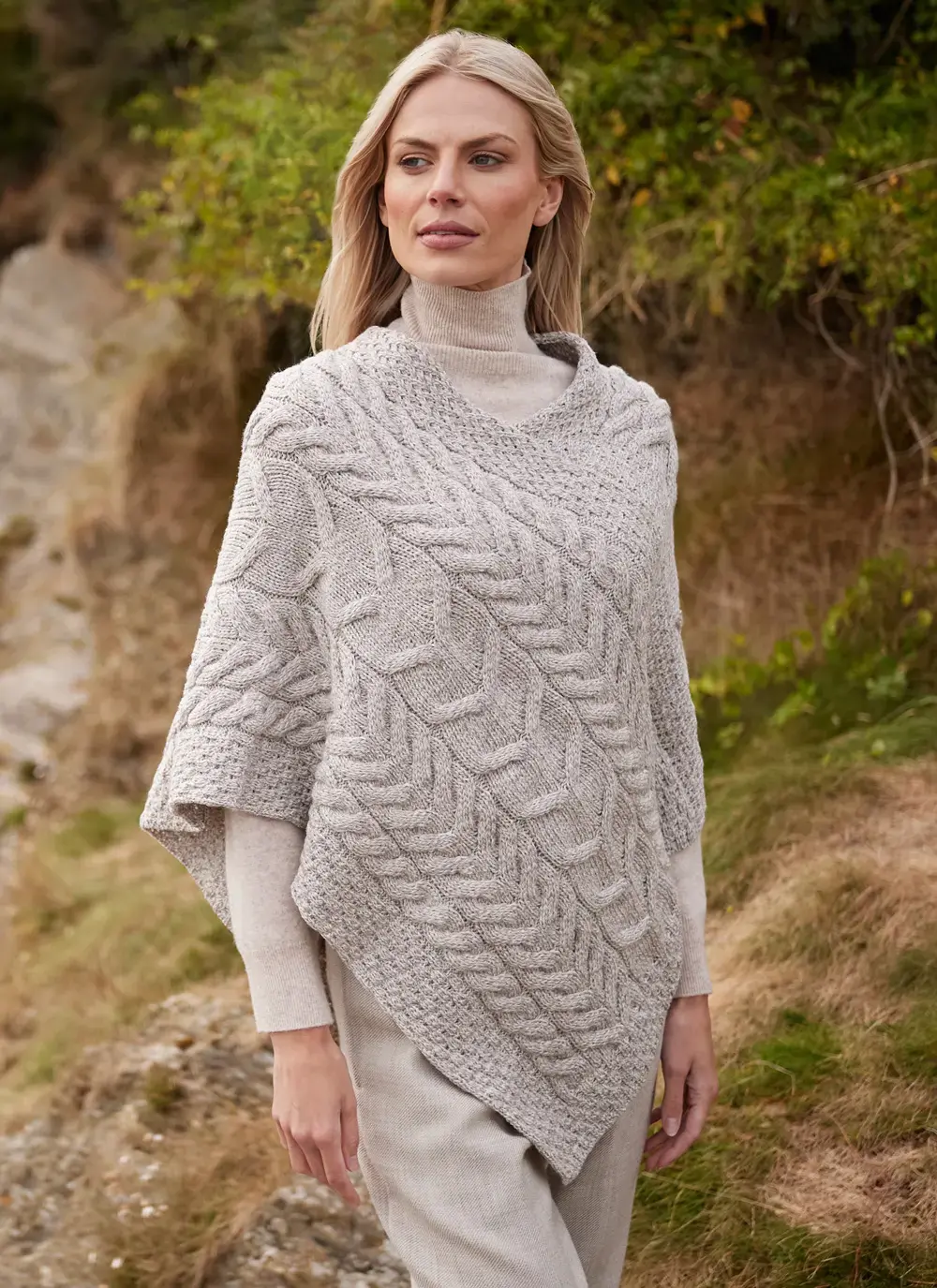 Supersoft Merino Wool Cable Poncho in Toasted Oat
